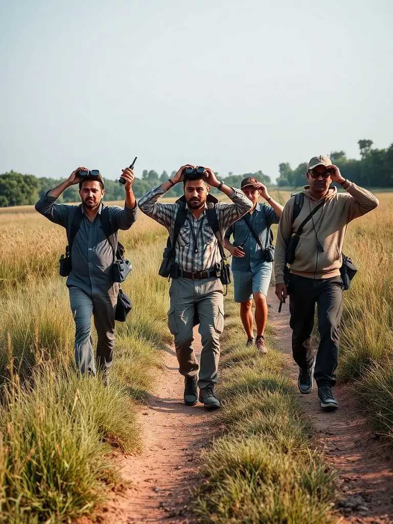A photograph of ASSOCIATION DES PROPRIETAIRES ET DES CHASSEURS DE SURY-PRES-LERE members on patrol in a rural area, equipped with binoculars and radios, actively deterring poaching activities.