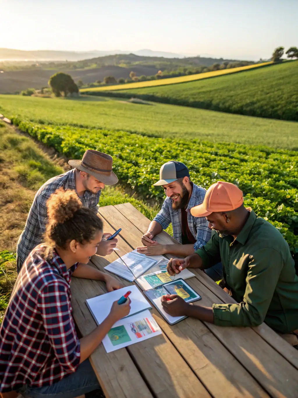 A group of association members meeting with local farmers to discuss sustainable land management practices and wildlife protection strategies.