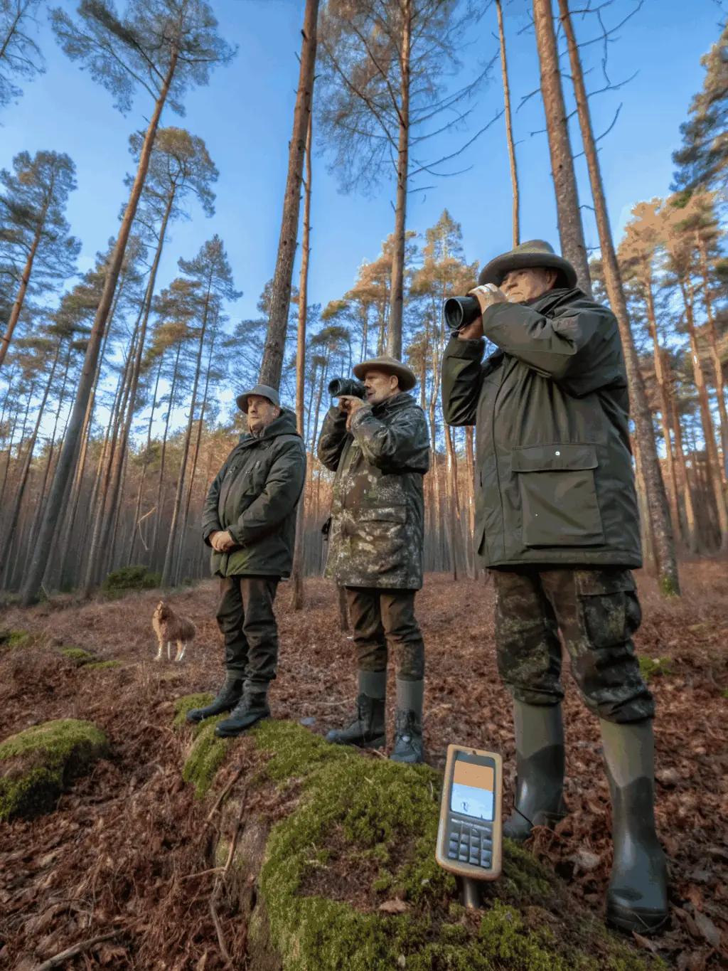 A picture of association members participating in an anti-poaching patrol, equipped with appropriate gear and walking through a forest.