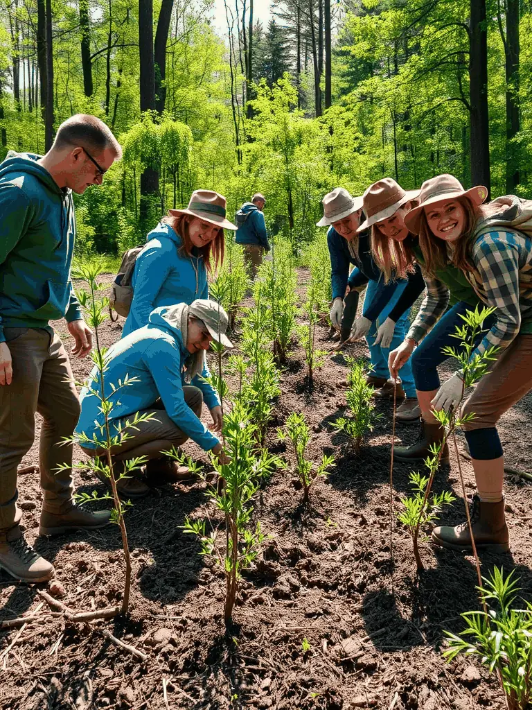 A photograph of volunteers participating in a wildlife habitat restoration project, planting native trees and shrubs in a rural setting.