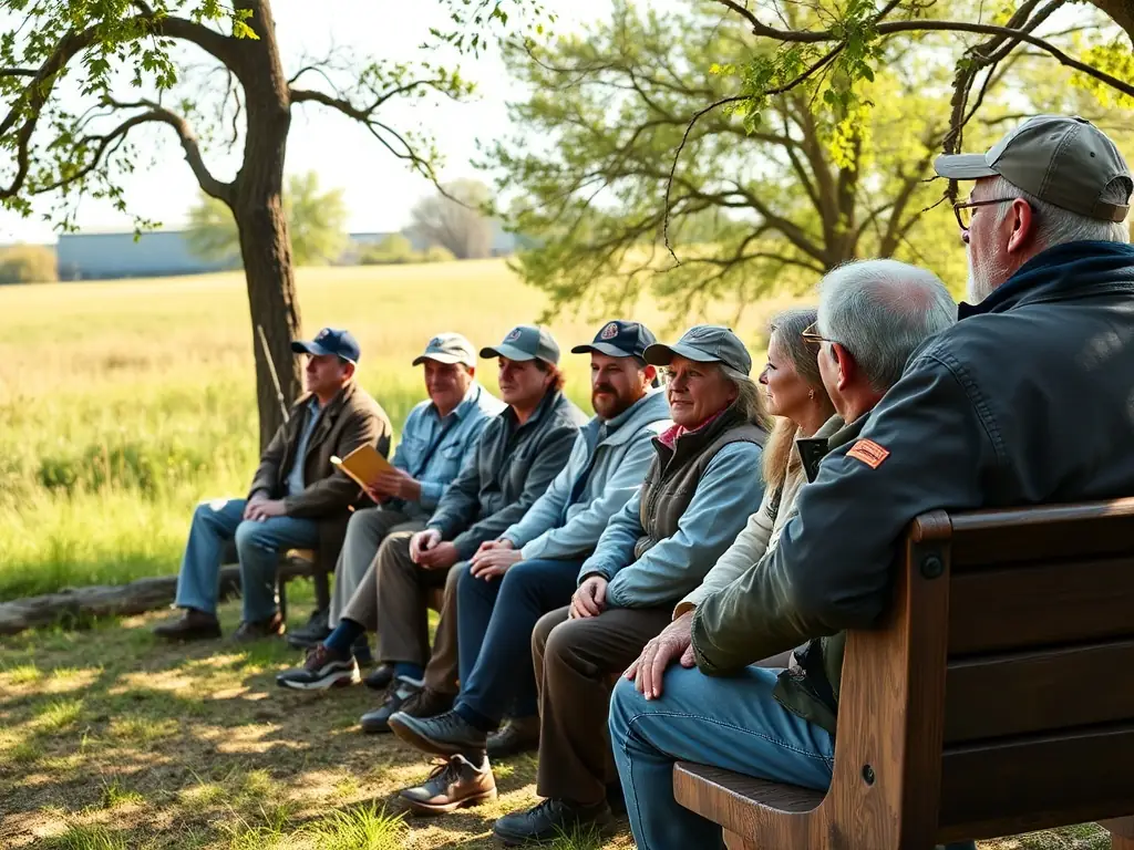 A photo of a community workshop on sustainable wildlife management practices, with participants actively engaged in discussions.
