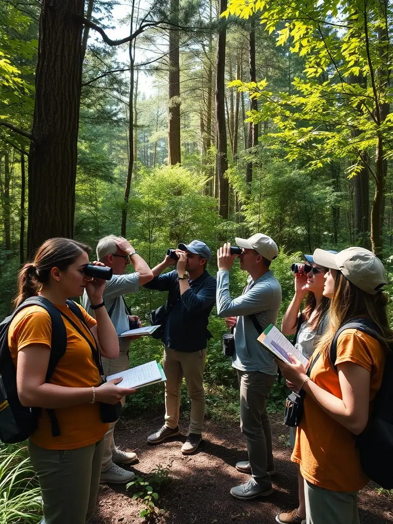 A photo of association members conducting a wildlife census in the forest, using binoculars and notebooks to record their observations.