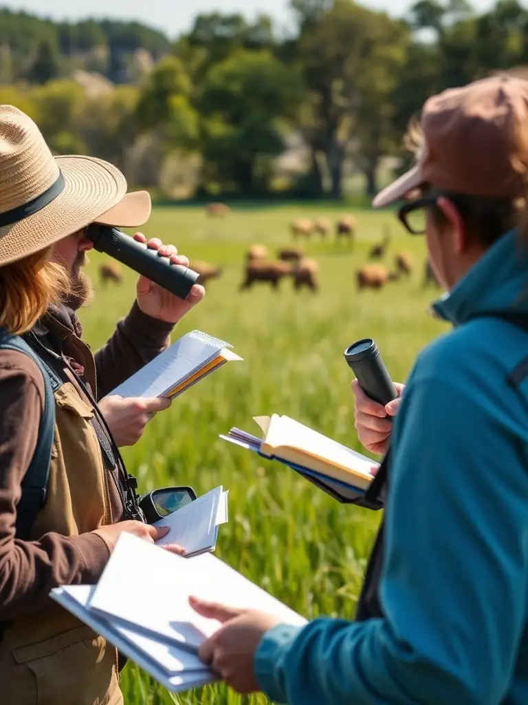 A photo of association members conducting a wildlife census, using binoculars and recording data in a field notebook.