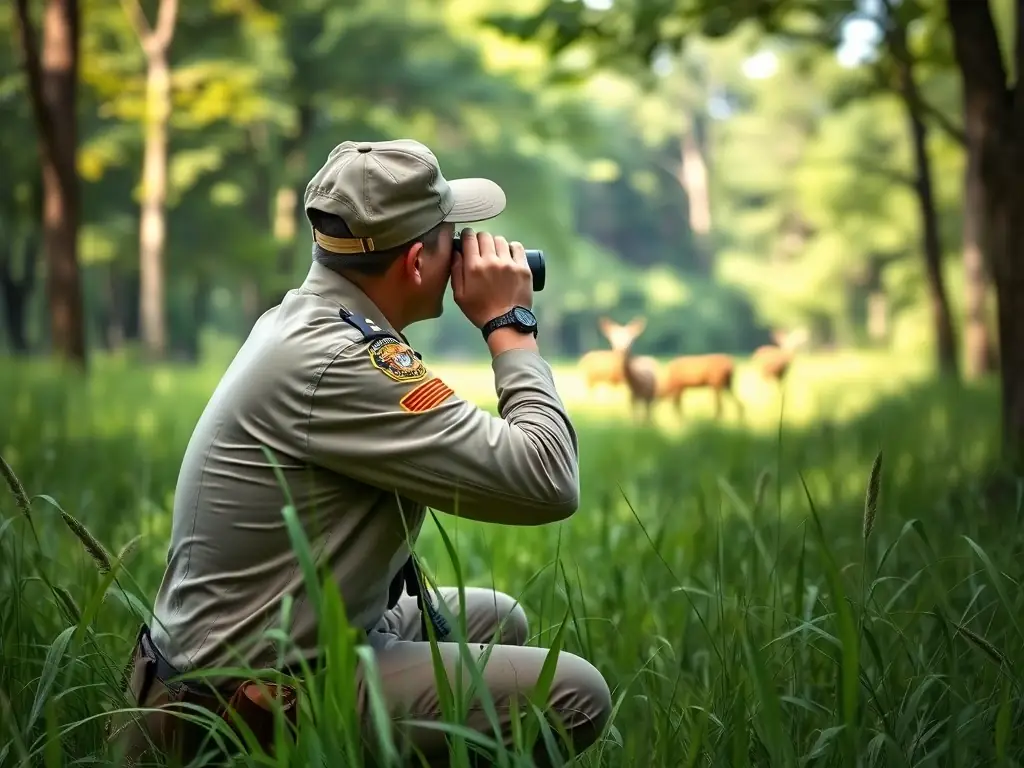 A team of patrol officers in action in the field, using modern surveillance equipment, with wild animals in the background.
