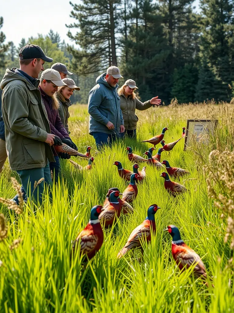A photograph depicting volunteers from ASSOCIATION DES PROPRIETAIRES ET DES CHASSEURS DE SURY-PRES-LERE releasing pheasants into a protected area, showcasing their commitment to game conservation.