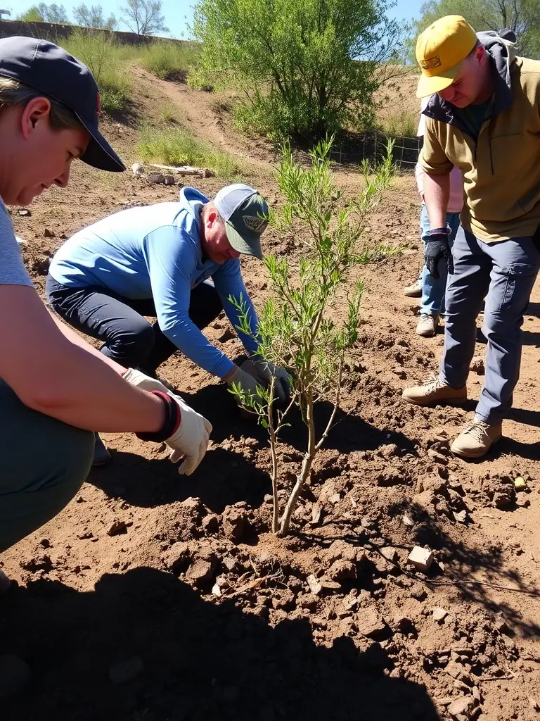 A photograph showing members of ASSOCIATION DES PROPRIETAIRES ET DES CHASSEURS DE SURY-PRES-LERE planting native trees and shrubs in a previously cleared area to restore wildlife habitat.