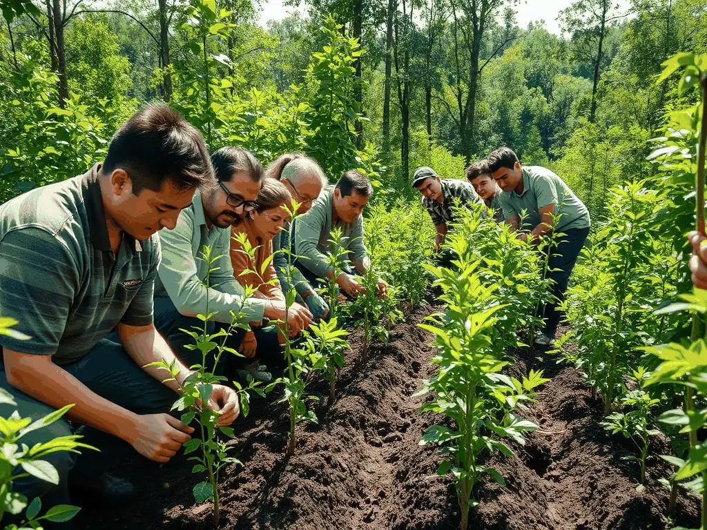 A group of volunteers participating in a wildlife habitat restoration project, planting trees and clearing invasive species.