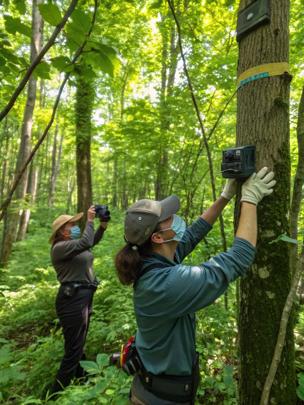 A photograph depicting volunteers from ASSOCIATION DES PROPRIETAIRES ET DES CHASSEURS DE SURY-PRES-LERE setting up camera traps in a forest to monitor wildlife activity, focusing on deer and wild boar.